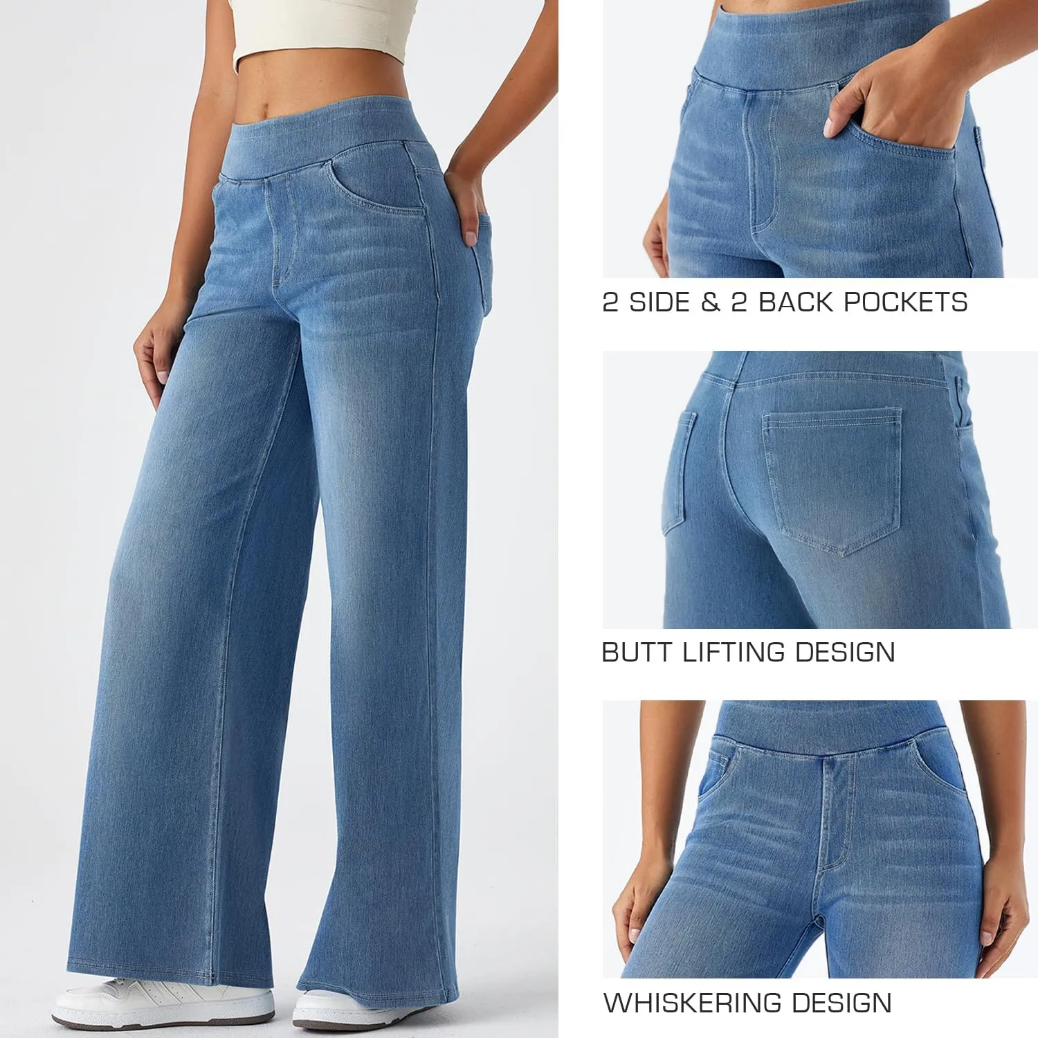 Women's High Waisted Wide Leg Jeggings – Stretch Denim Pull On Flare Jeans with Pockets Casual Comfy Pants