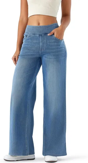 Women's High Waisted Wide Leg Jeggings – Stretch Denim Pull On Flare Jeans with Pockets Casual Comfy Pants