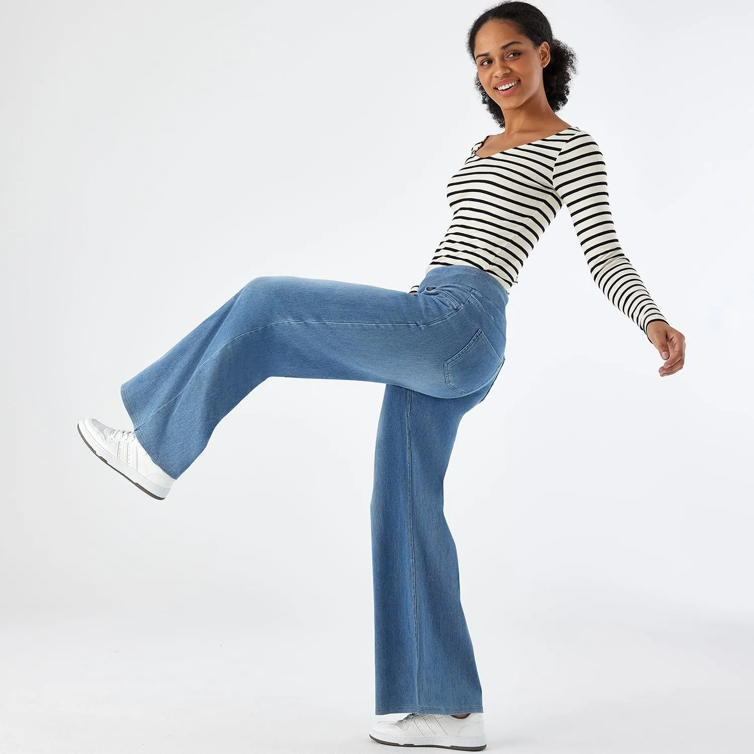 Women's High Waisted Wide Leg Jeggings – Stretch Denim Pull On Flare Jeans with Pockets Casual Comfy Pants