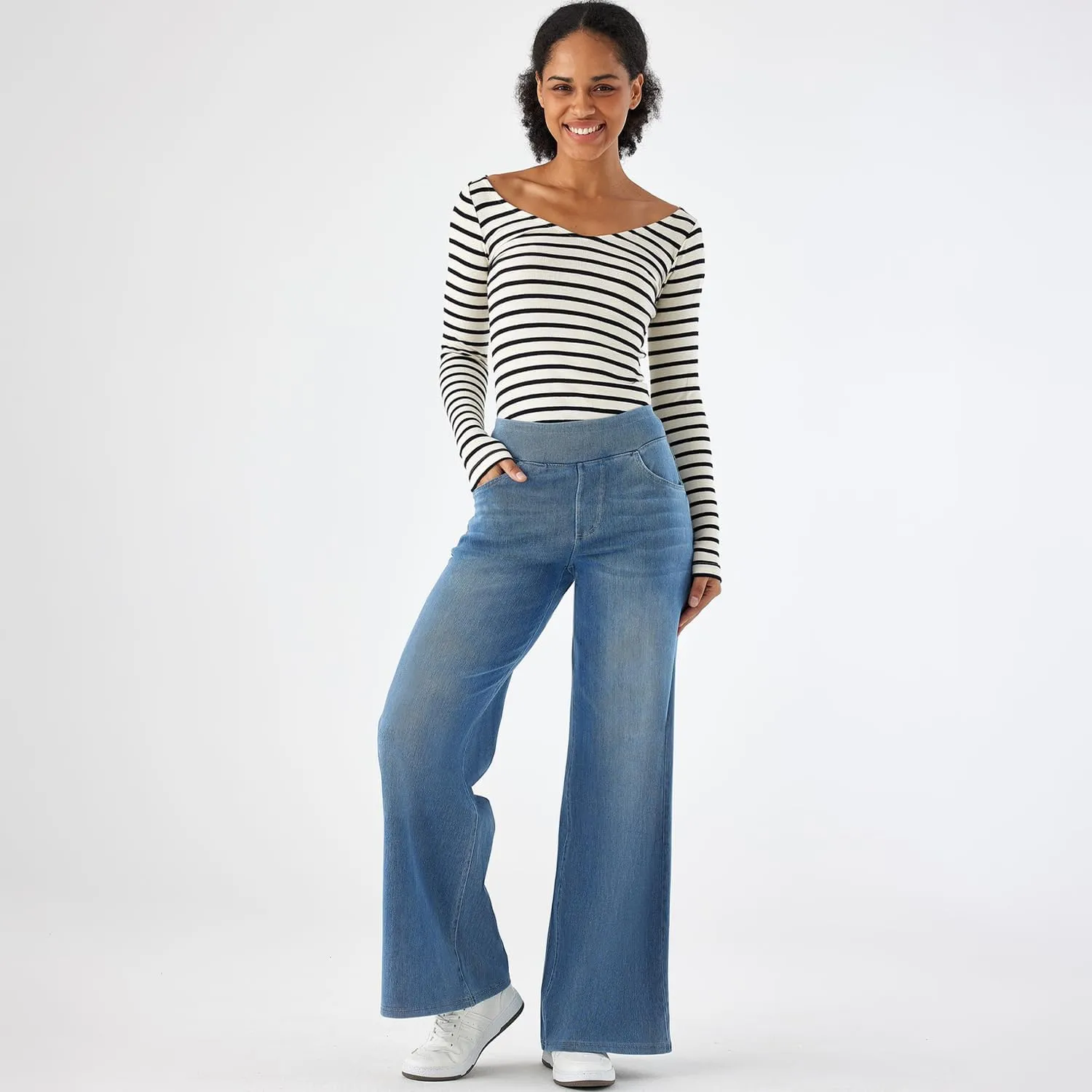 Women's High Waisted Wide Leg Jeggings – Stretch Denim Pull On Flare Jeans with Pockets Casual Comfy Pants
