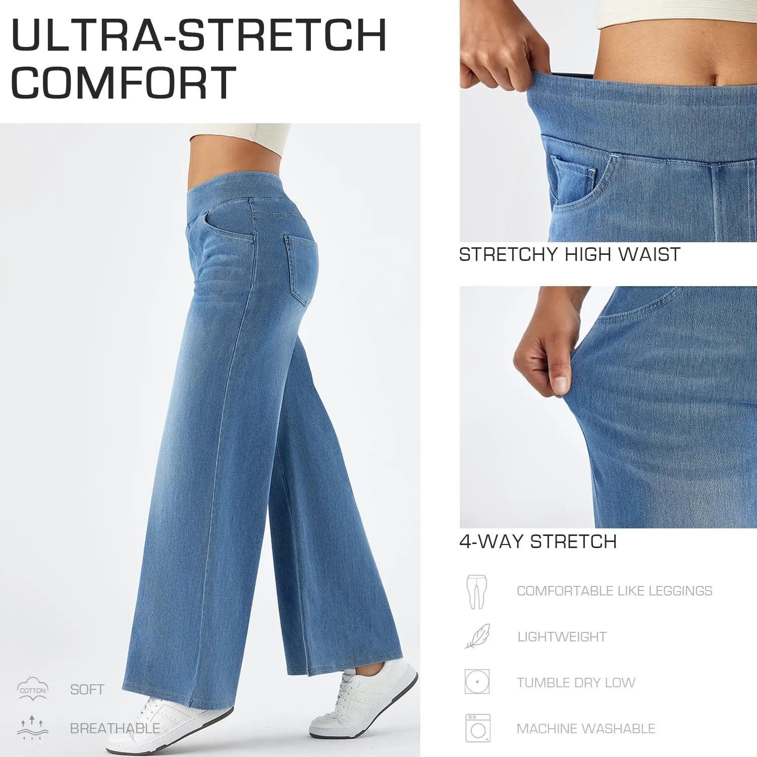 Women's High Waisted Wide Leg Jeggings – Stretch Denim Pull On Flare Jeans with Pockets Casual Comfy Pants