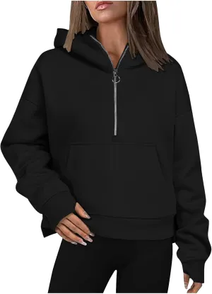 Womens Hoodies Cropped Half Zip Sweatshirts Fleece Pullover Casual Long Sleeve Workout Tops Fashion Fall Y2K Clothes