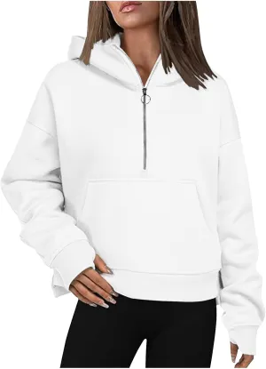 Womens Hoodies Cropped Half Zip Sweatshirts Fleece Pullover Casual Long Sleeve Workout Tops Fashion Fall Y2K Clothes