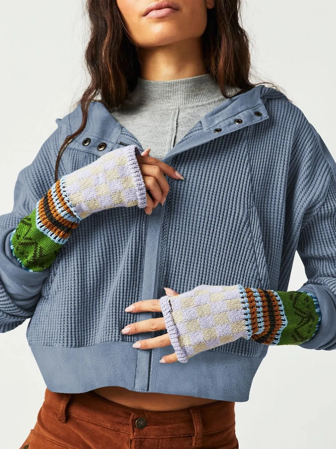 Womens Jackets Waffle Knit Hoodies Zip Up Sweatshirts Long Sleeve Cropped Shacket with Pocket