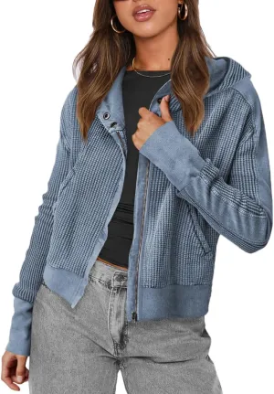 Womens Jackets Waffle Knit Hoodies Zip Up Sweatshirts Long Sleeve Cropped Shacket with Pocket