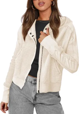 Womens Jackets Waffle Knit Hoodies Zip Up Sweatshirts Long Sleeve Cropped Shacket with Pocket