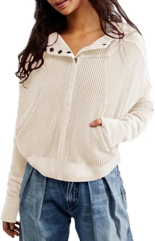 Womens Jackets Waffle Knit Hoodies Zip Up Sweatshirts Long Sleeve Cropped Shacket with Pocket