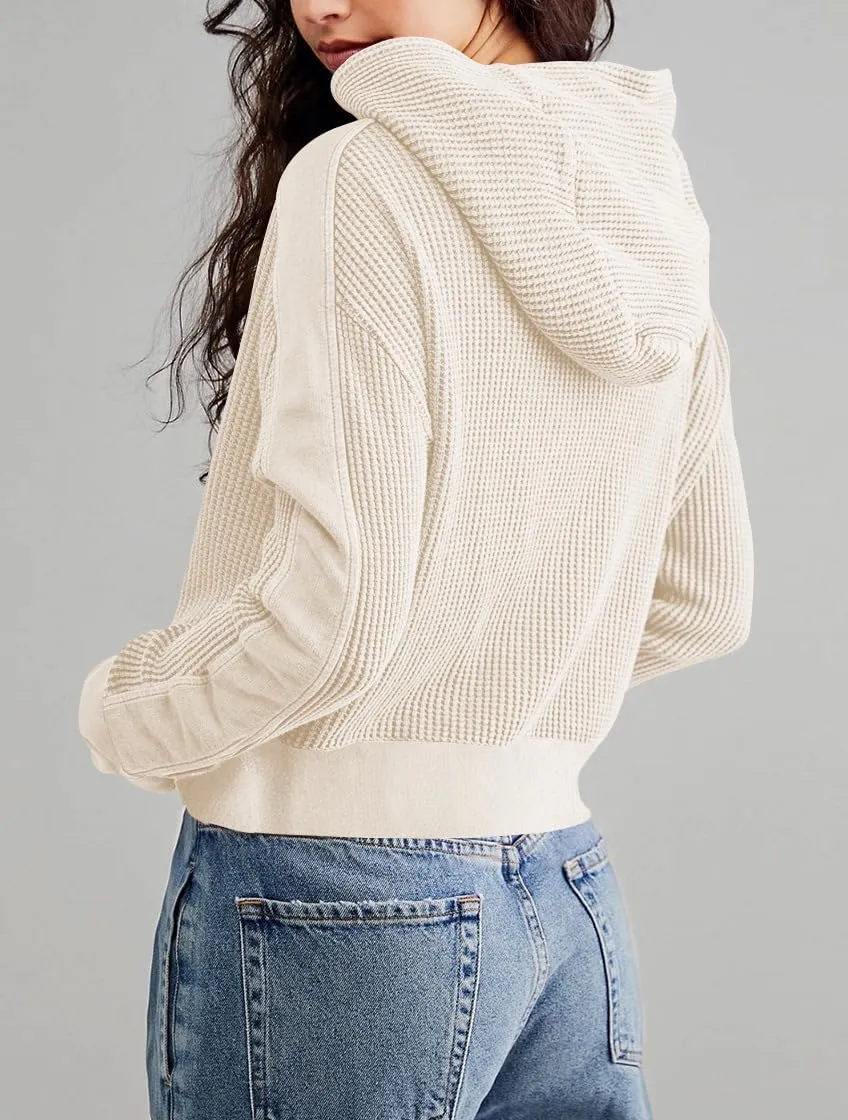 Womens Jackets Waffle Knit Hoodies Zip Up Sweatshirts Long Sleeve Cropped Shacket with Pocket