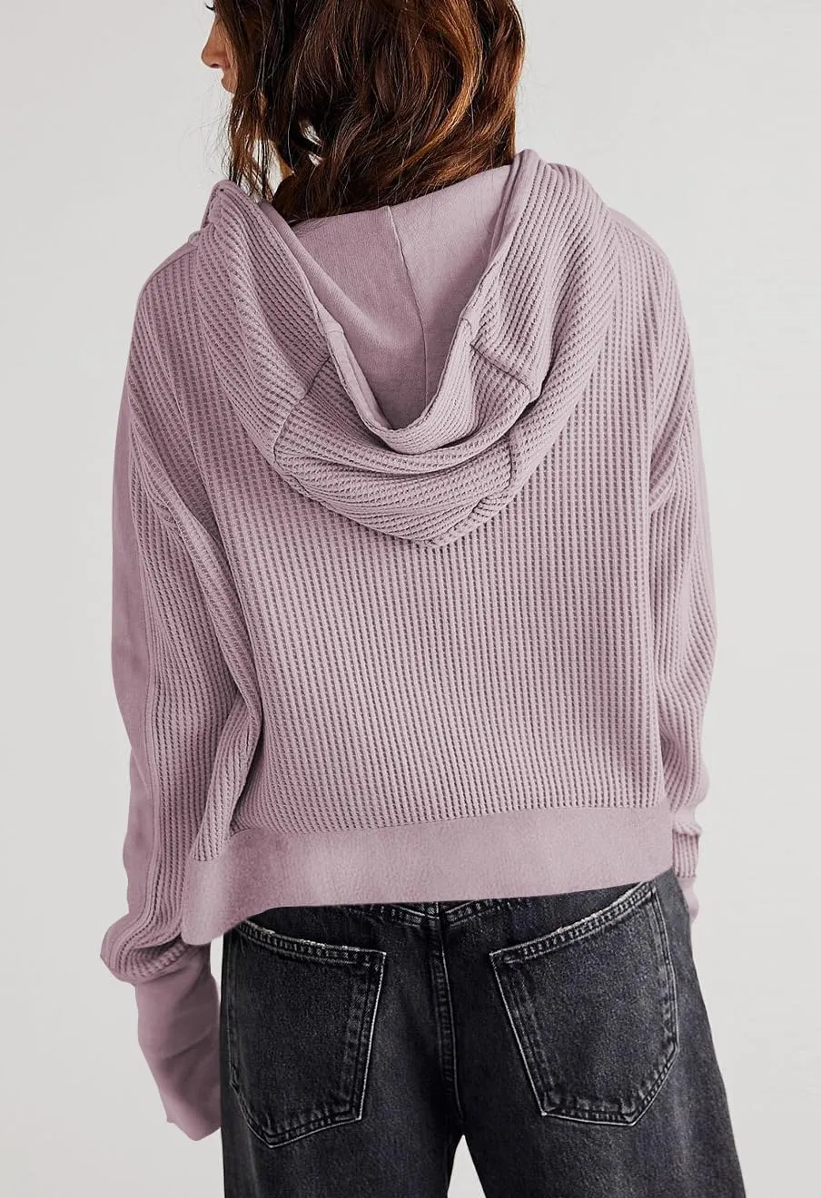 Womens Jackets Waffle Knit Hoodies Zip Up Sweatshirts Long Sleeve Cropped Shacket with Pocket