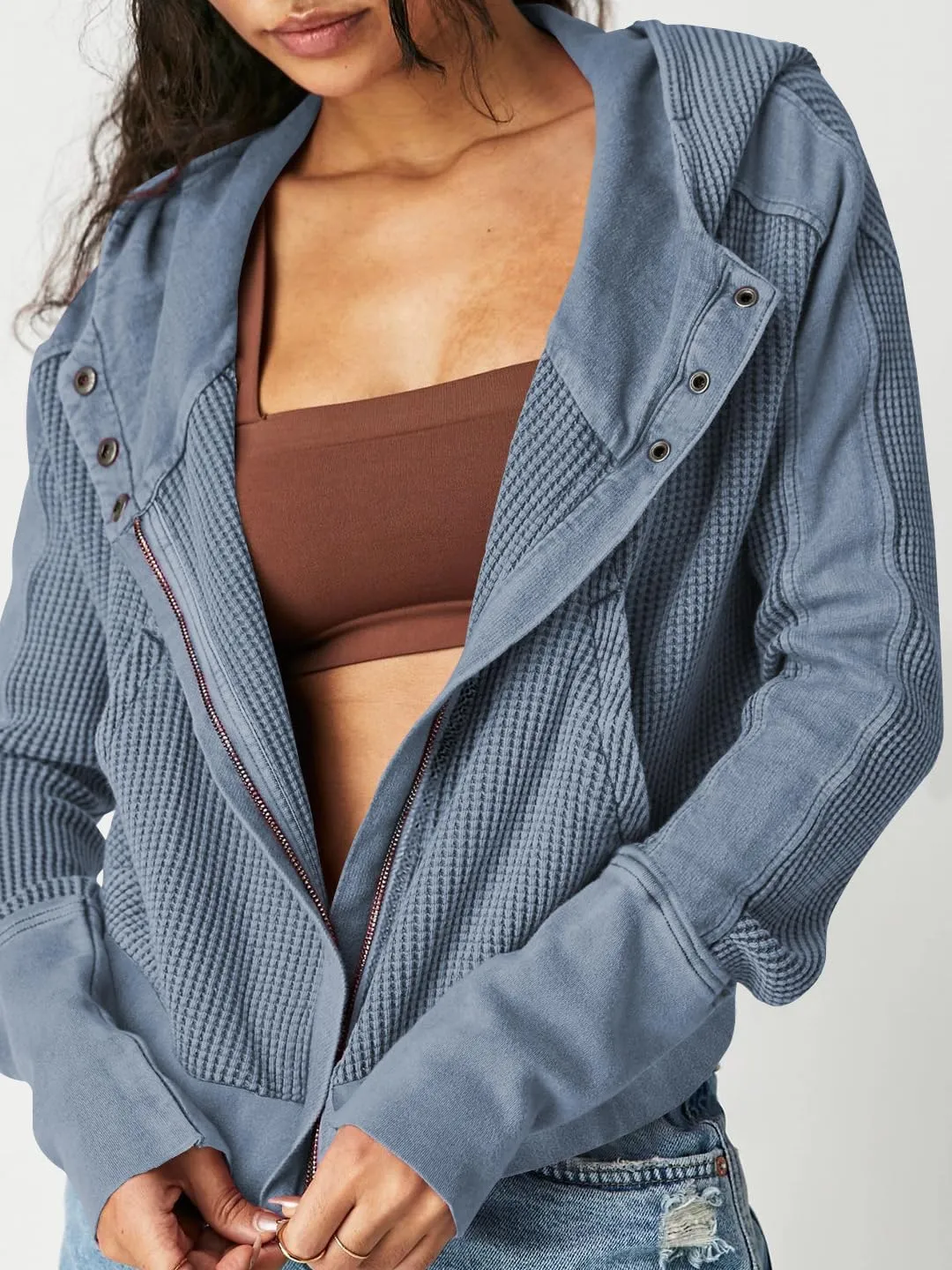 Womens Jackets Waffle Knit Hoodies Zip Up Sweatshirts Long Sleeve Cropped Shacket with Pocket