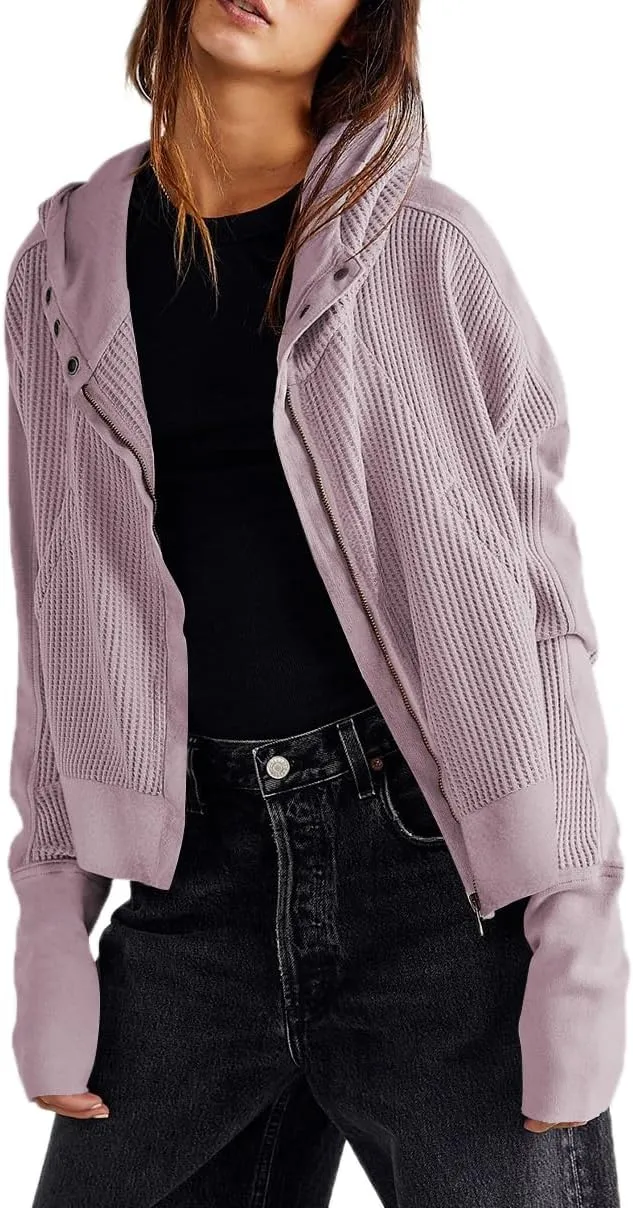 Womens Jackets Waffle Knit Hoodies Zip Up Sweatshirts Long Sleeve Cropped Shacket with Pocket