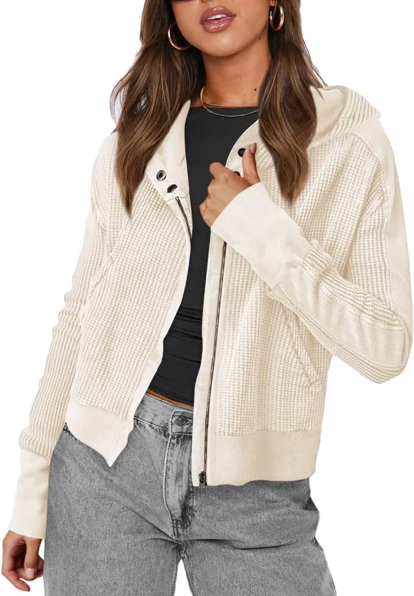 Womens Jackets Waffle Knit Hoodies Zip Up Sweatshirts Long Sleeve Cropped Shacket with Pocket