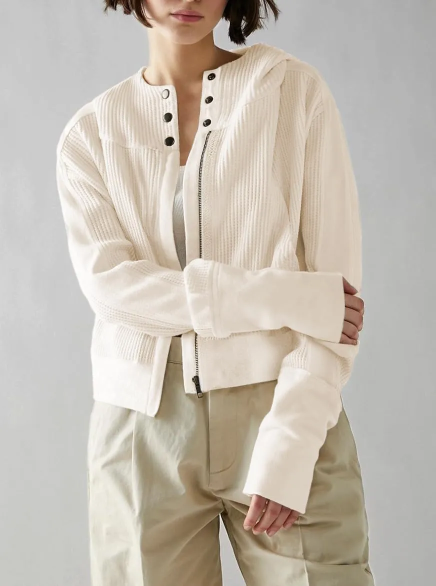 Womens Jackets Waffle Knit Hoodies Zip Up Sweatshirts Long Sleeve Cropped Shacket with Pocket