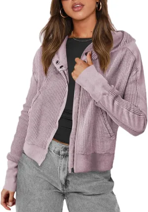 Womens Jackets Waffle Knit Hoodies Zip Up Sweatshirts Long Sleeve Cropped Shacket with Pocket