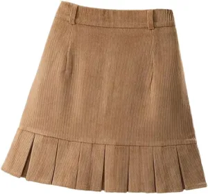 Women's Korean Pleated Solid Color Corduroy Skirt Autumn Winter High Waist All-Match A-Line Mini Skirts