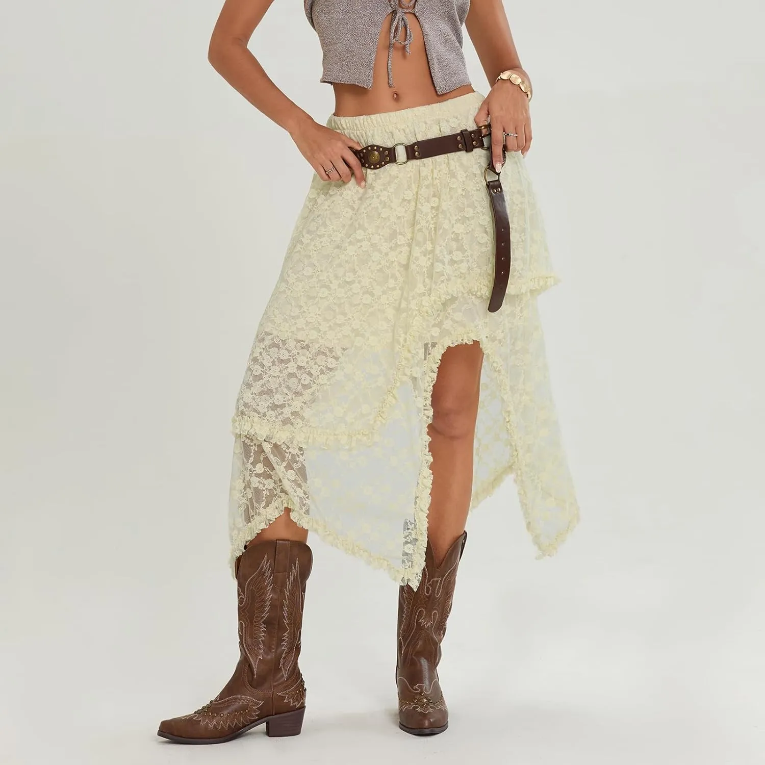 Womens Lace Maxi Skirt Y2k High Waist Sheer Mesh Midi Skirt Sexy See Through Cover Up Long Skirt Streetwear