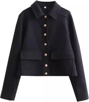 Women's Lapel Long Sleeve Black Jacket Wool Blend Casual Short Jacket Half Season Jacket Coat