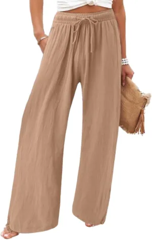 Womens Linen Palazzo Pants Drawstring High Waisted Wide Leg Pants Elastic Casual Loose Flowy Trousers with Pocket