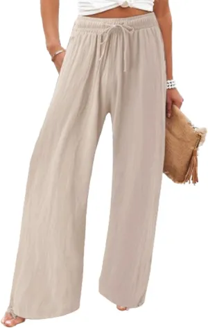 Womens Linen Palazzo Pants Drawstring High Waisted Wide Leg Pants Elastic Casual Loose Flowy Trousers with Pocket