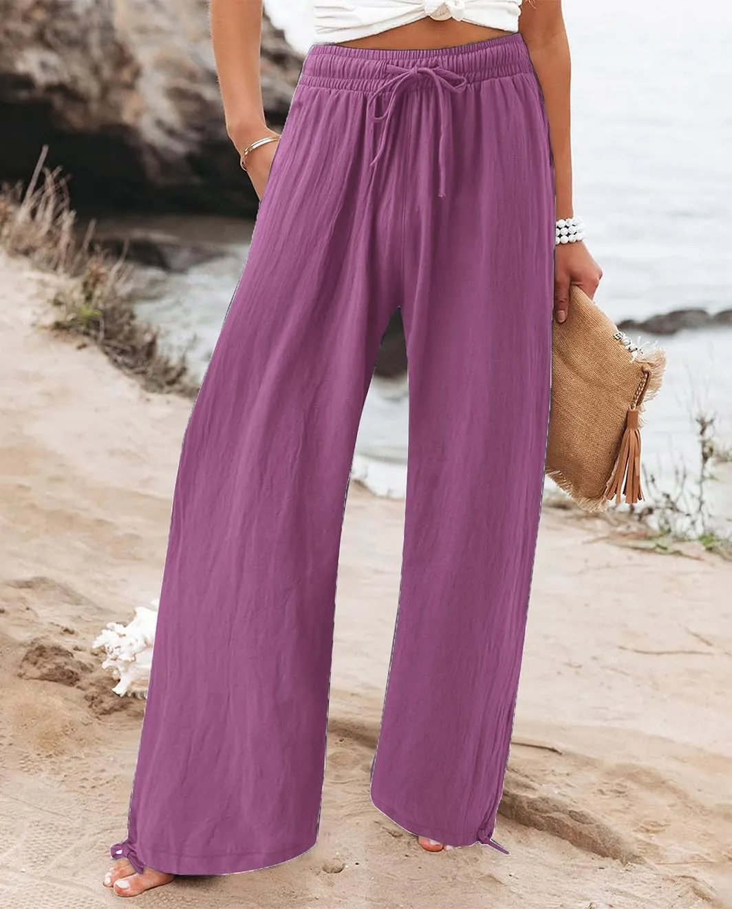 Womens Linen Palazzo Pants Drawstring High Waisted Wide Leg Pants Elastic Casual Loose Flowy Trousers with Pocket