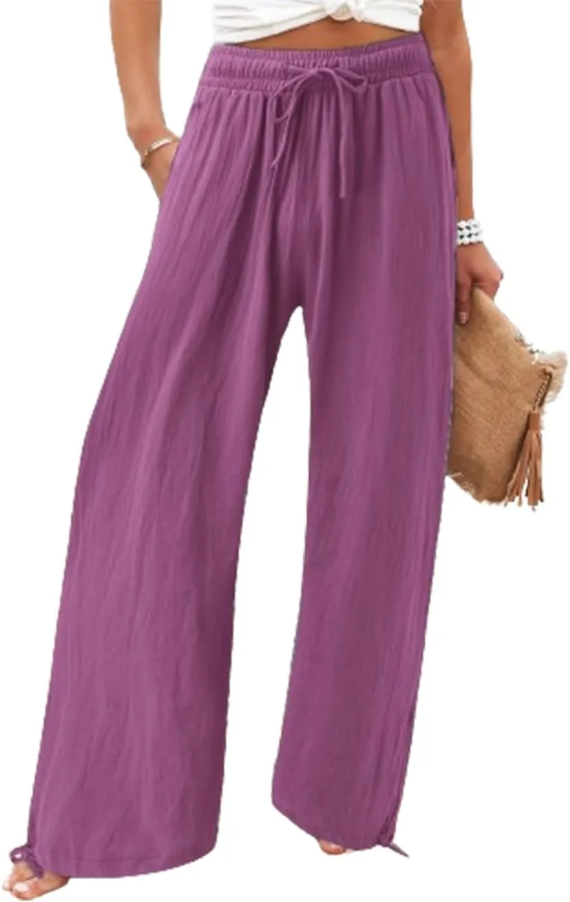 Womens Linen Palazzo Pants Drawstring High Waisted Wide Leg Pants Elastic Casual Loose Flowy Trousers with Pocket