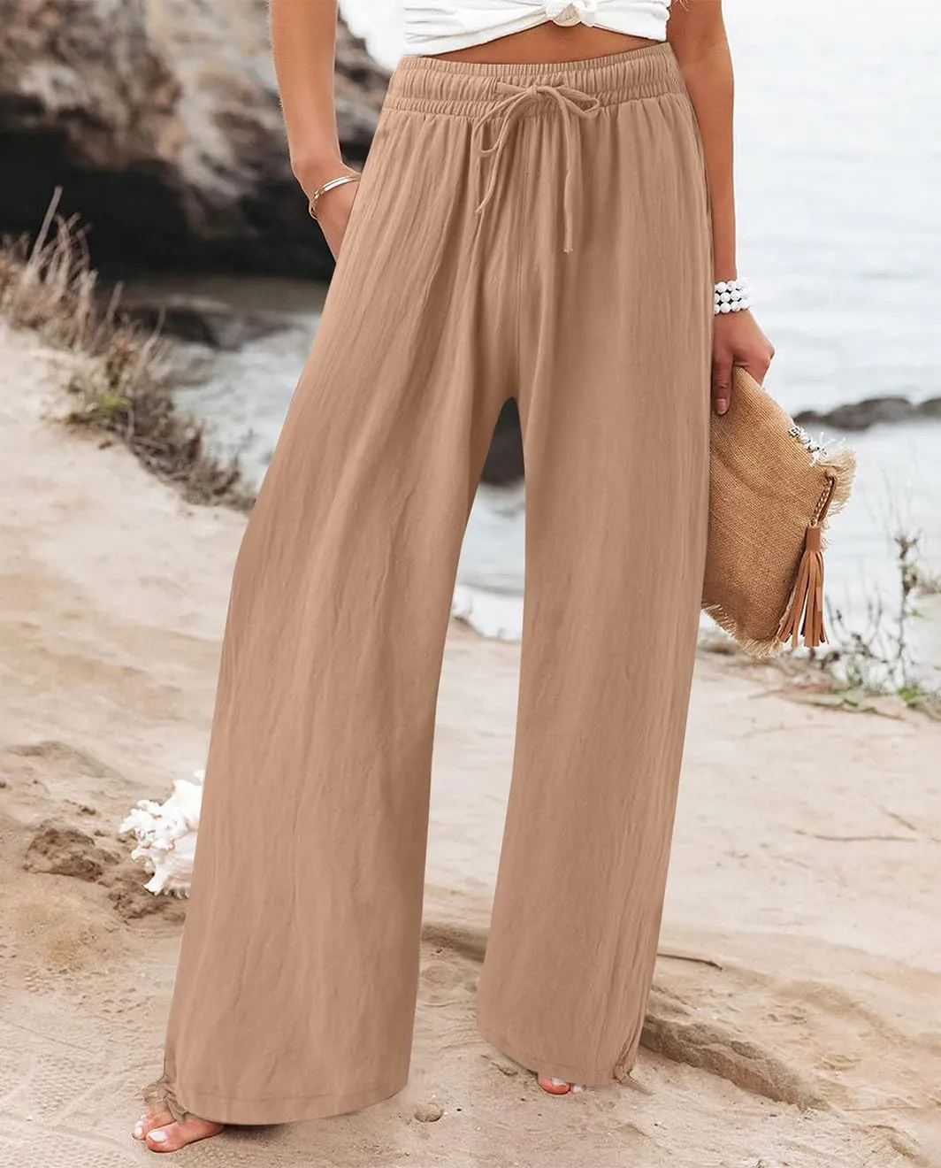 Womens Linen Palazzo Pants Drawstring High Waisted Wide Leg Pants Elastic Casual Loose Flowy Trousers with Pocket
