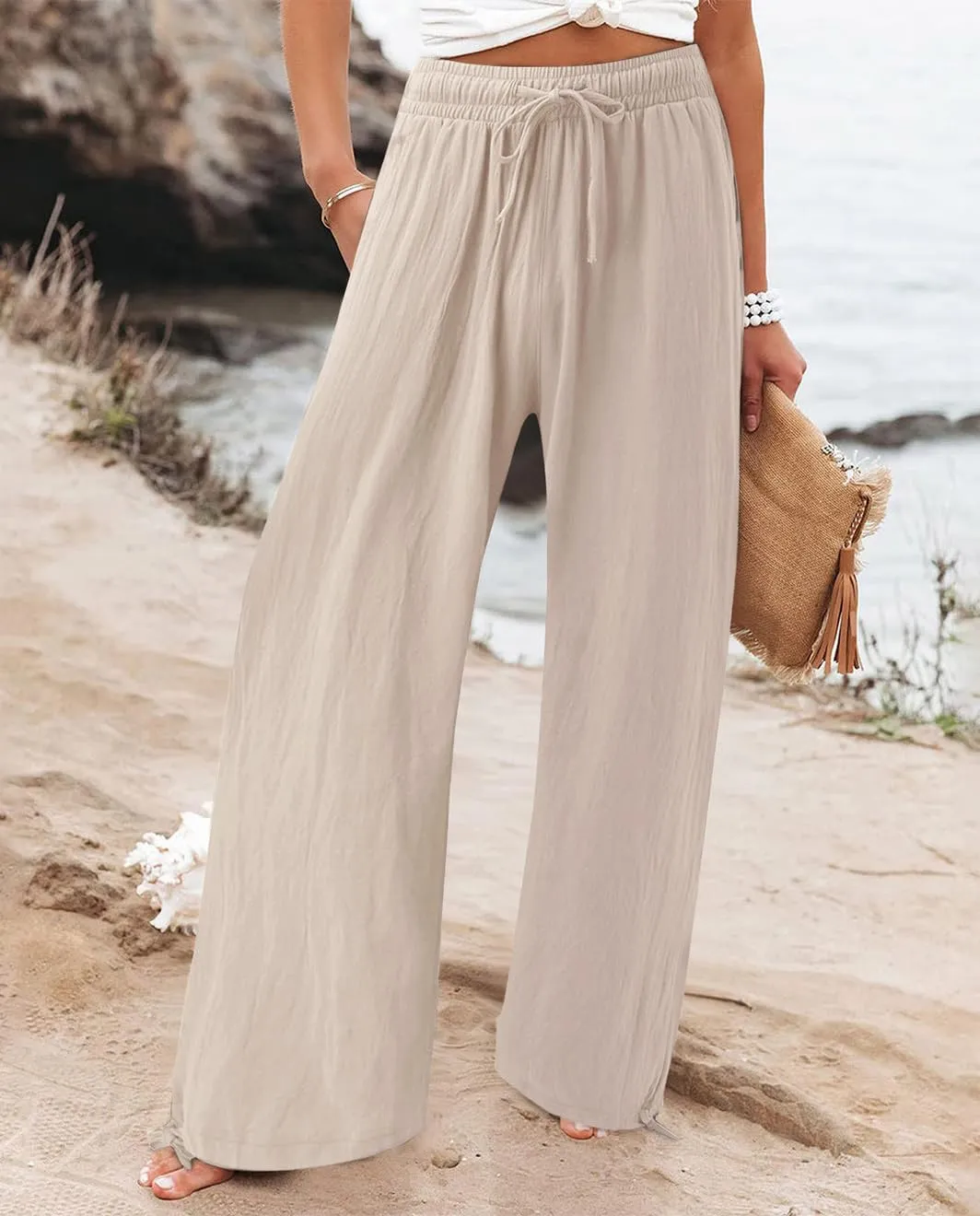 Womens Linen Palazzo Pants Drawstring High Waisted Wide Leg Pants Elastic Casual Loose Flowy Trousers with Pocket
