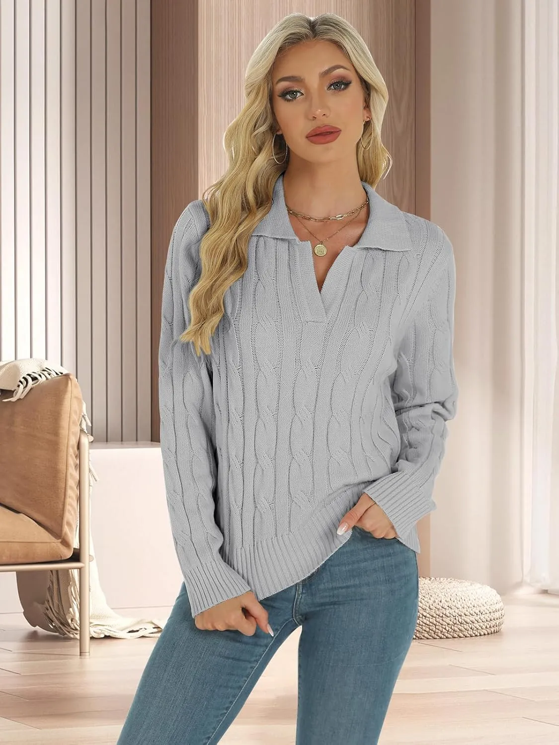 Womens Long Sleeve Sweaters Cable Tops Solid Lapel Polo V Neck Knit Casual Soft Pullover Shirt 2025 Spring Outfits
