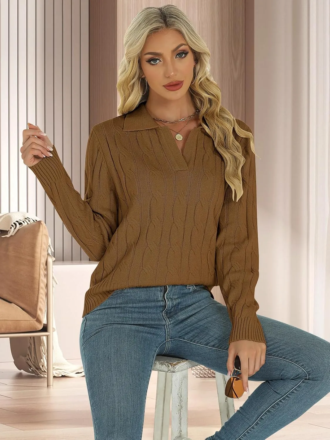 Womens Long Sleeve Sweaters Cable Tops Solid Lapel Polo V Neck Knit Casual Soft Pullover Shirt 2025 Spring Outfits
