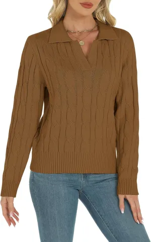 Womens Long Sleeve Sweaters Cable Tops Solid Lapel Polo V Neck Knit Casual Soft Pullover Shirt 2025 Spring Outfits