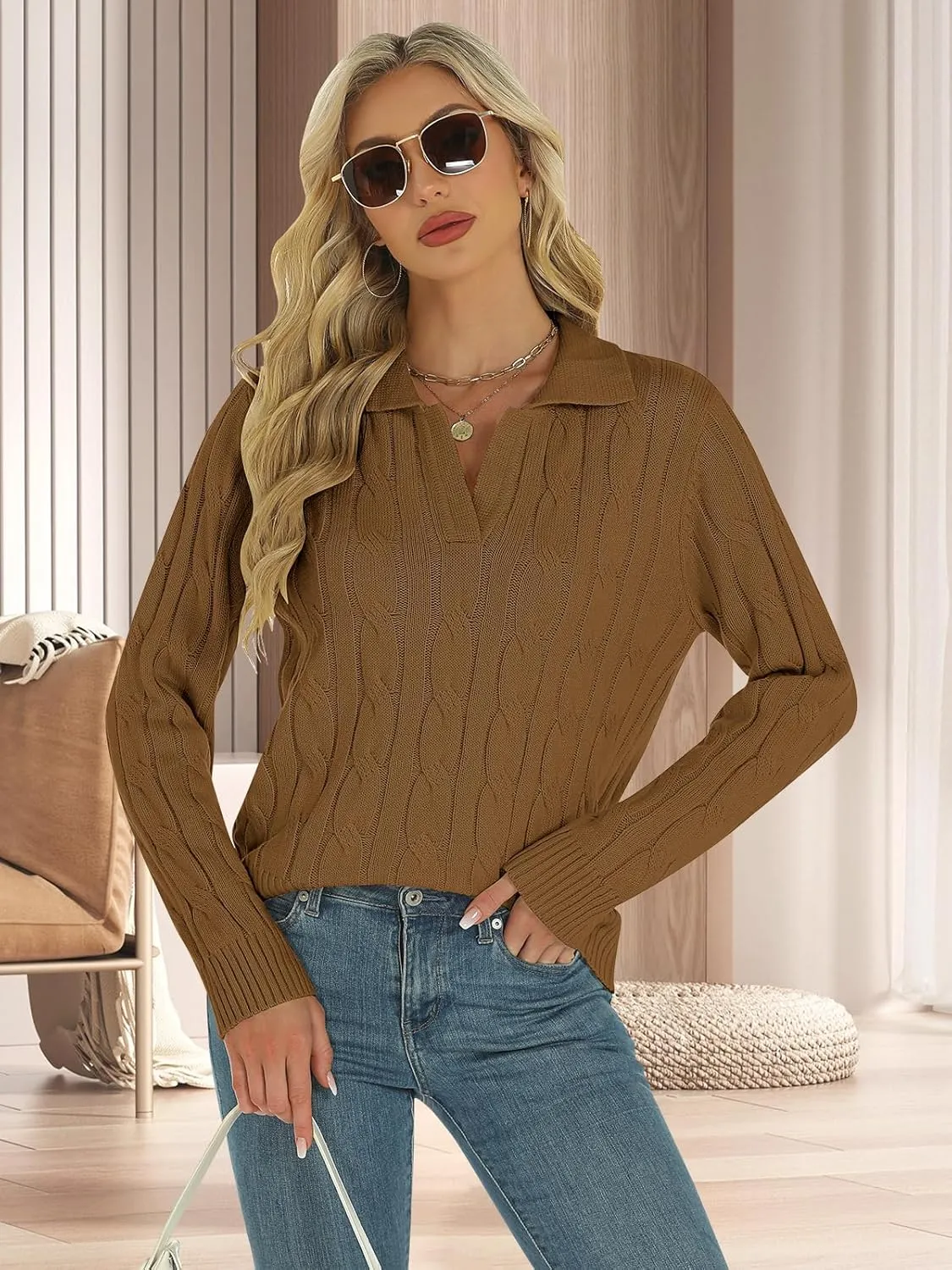 Womens Long Sleeve Sweaters Cable Tops Solid Lapel Polo V Neck Knit Casual Soft Pullover Shirt 2025 Spring Outfits