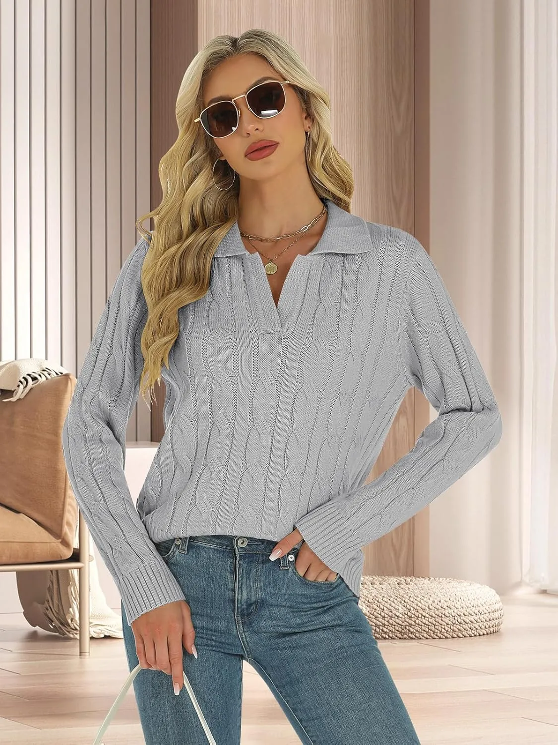 Womens Long Sleeve Sweaters Cable Tops Solid Lapel Polo V Neck Knit Casual Soft Pullover Shirt 2025 Spring Outfits