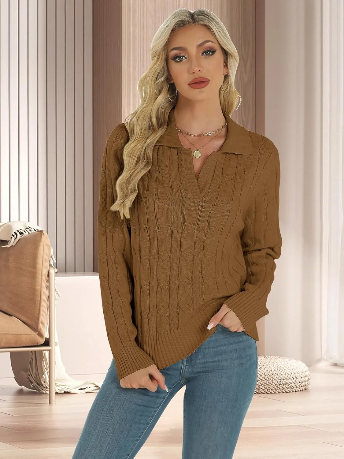 Womens Long Sleeve Sweaters Cable Tops Solid Lapel Polo V Neck Knit Casual Soft Pullover Shirt 2025 Spring Outfits