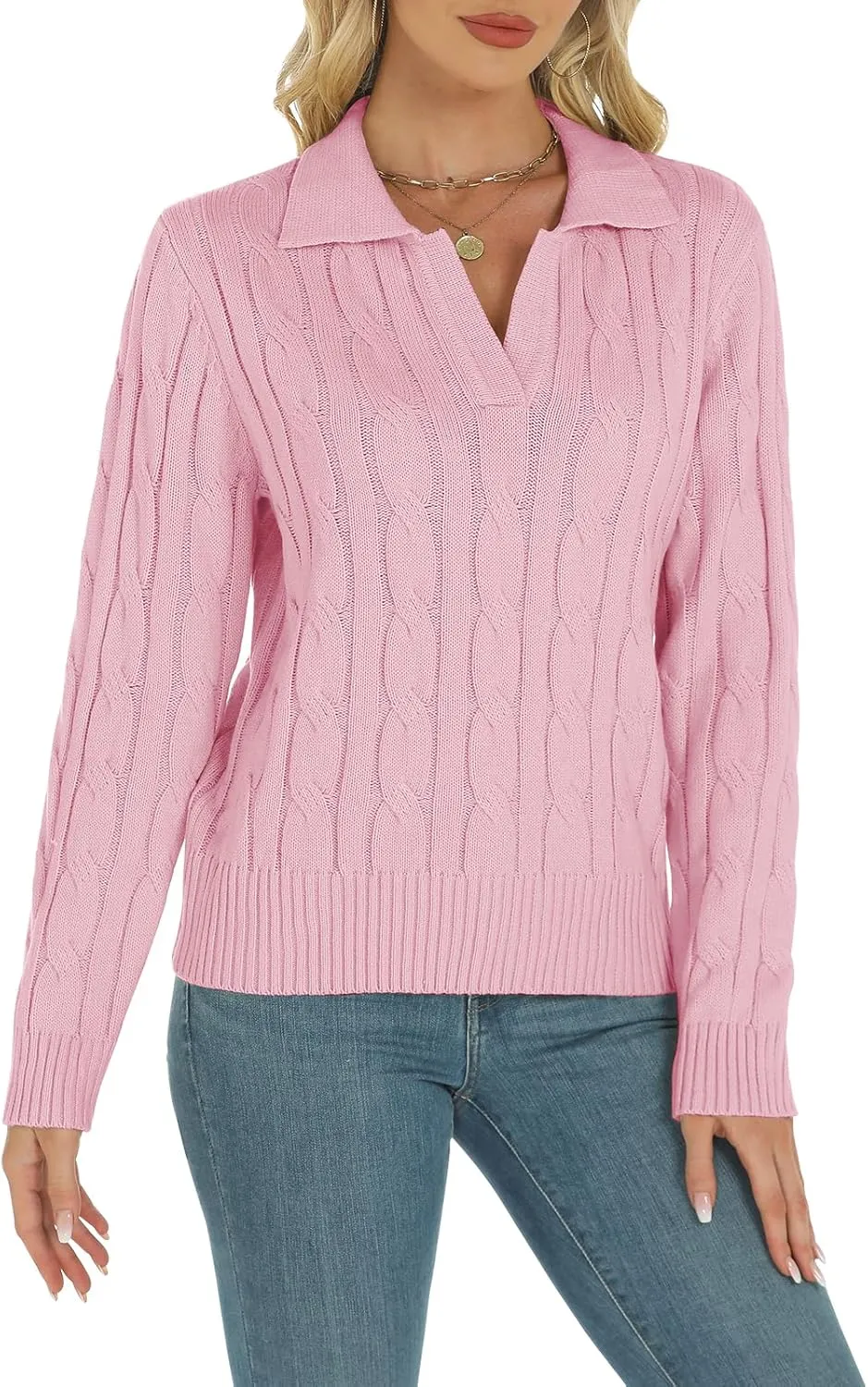 Womens Long Sleeve Sweaters Cable Tops Solid Lapel Polo V Neck Knit Casual Soft Pullover Shirt 2025 Spring Outfits