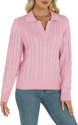 Womens Long Sleeve Sweaters Cable Tops Solid Lapel Polo V Neck Knit Casual Soft Pullover Shirt 2025 Spring Outfits