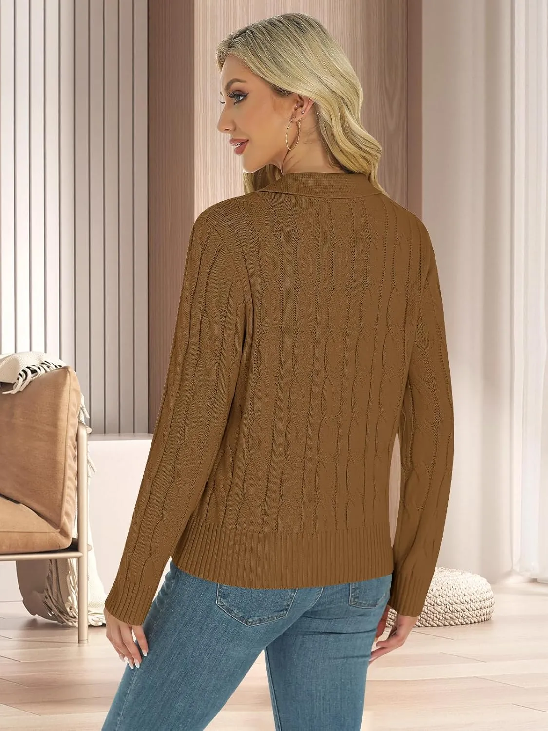 Womens Long Sleeve Sweaters Cable Tops Solid Lapel Polo V Neck Knit Casual Soft Pullover Shirt 2025 Spring Outfits