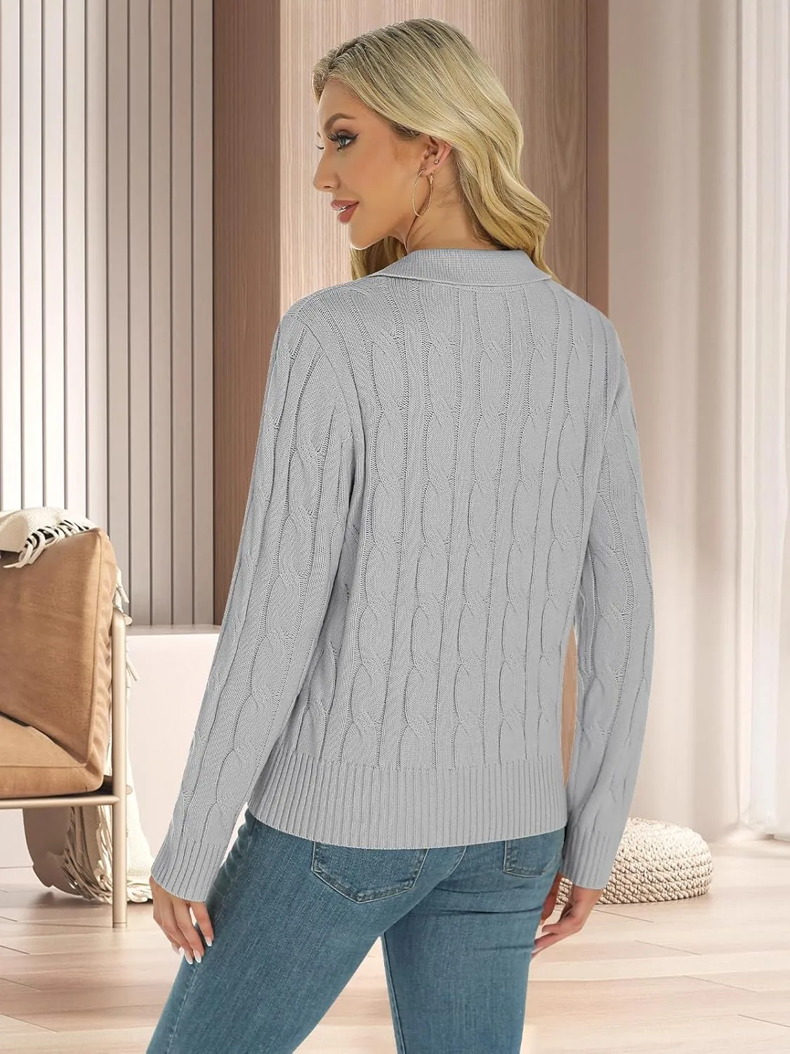 Womens Long Sleeve Sweaters Cable Tops Solid Lapel Polo V Neck Knit Casual Soft Pullover Shirt 2025 Spring Outfits