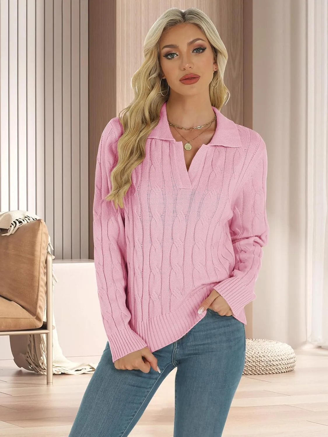 Womens Long Sleeve Sweaters Cable Tops Solid Lapel Polo V Neck Knit Casual Soft Pullover Shirt 2025 Spring Outfits