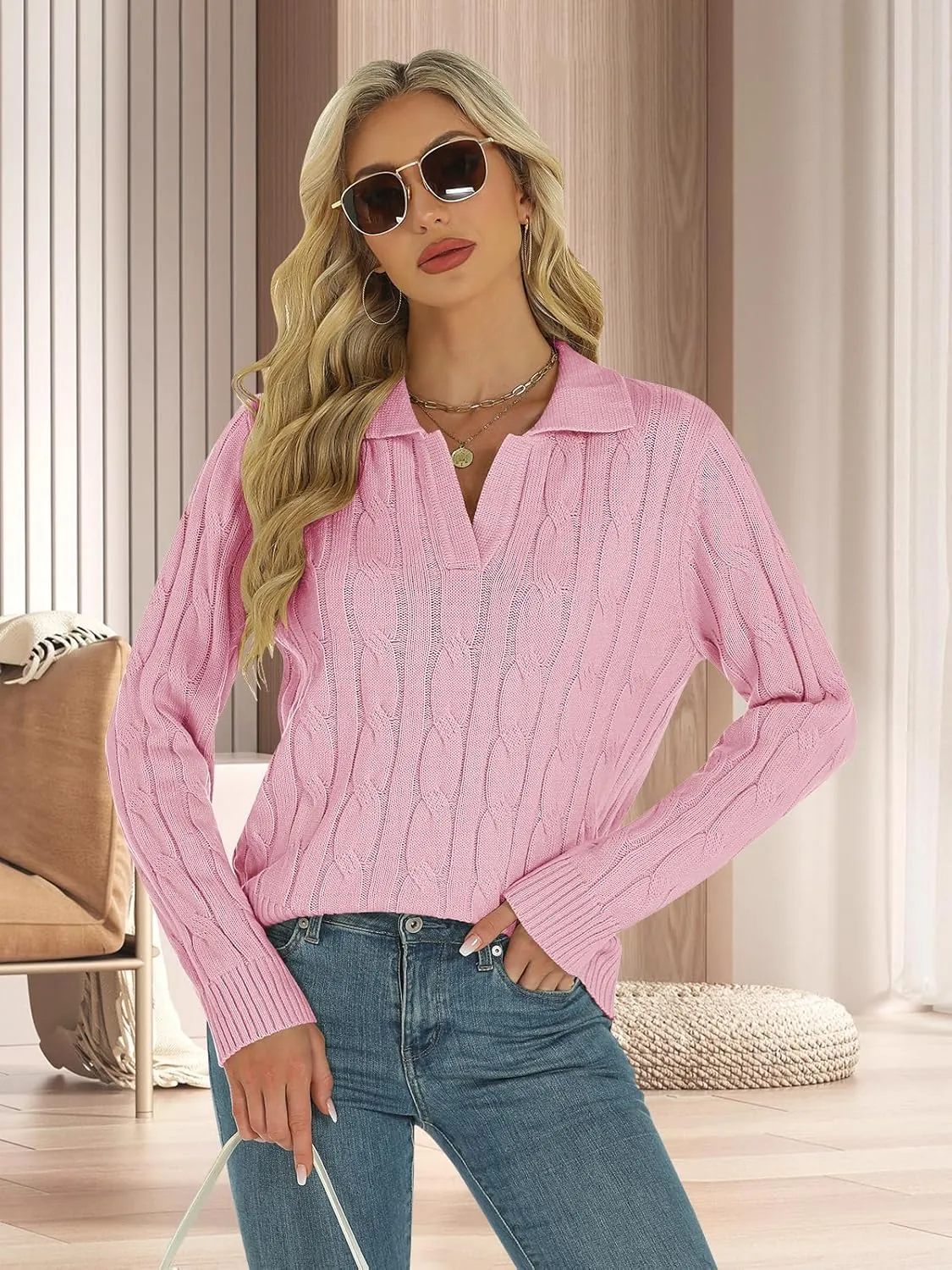 Womens Long Sleeve Sweaters Cable Tops Solid Lapel Polo V Neck Knit Casual Soft Pullover Shirt 2025 Spring Outfits