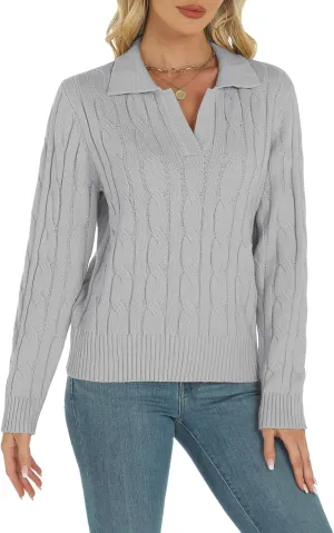 Womens Long Sleeve Sweaters Cable Tops Solid Lapel Polo V Neck Knit Casual Soft Pullover Shirt 2025 Spring Outfits