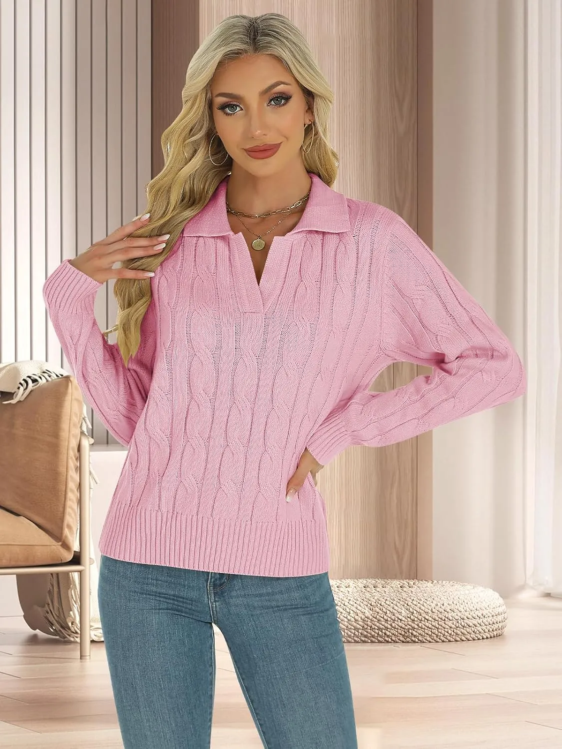 Womens Long Sleeve Sweaters Cable Tops Solid Lapel Polo V Neck Knit Casual Soft Pullover Shirt 2025 Spring Outfits