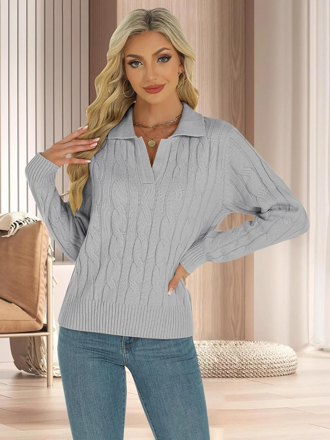 Womens Long Sleeve Sweaters Cable Tops Solid Lapel Polo V Neck Knit Casual Soft Pullover Shirt 2025 Spring Outfits