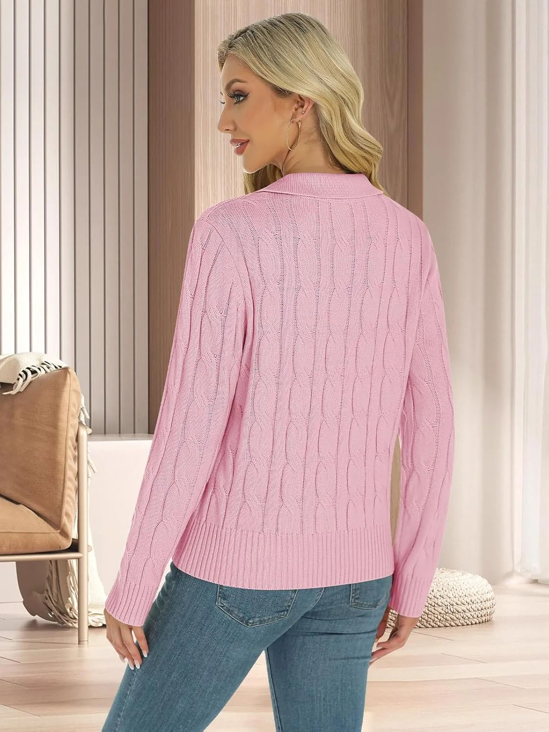 Womens Long Sleeve Sweaters Cable Tops Solid Lapel Polo V Neck Knit Casual Soft Pullover Shirt 2025 Spring Outfits
