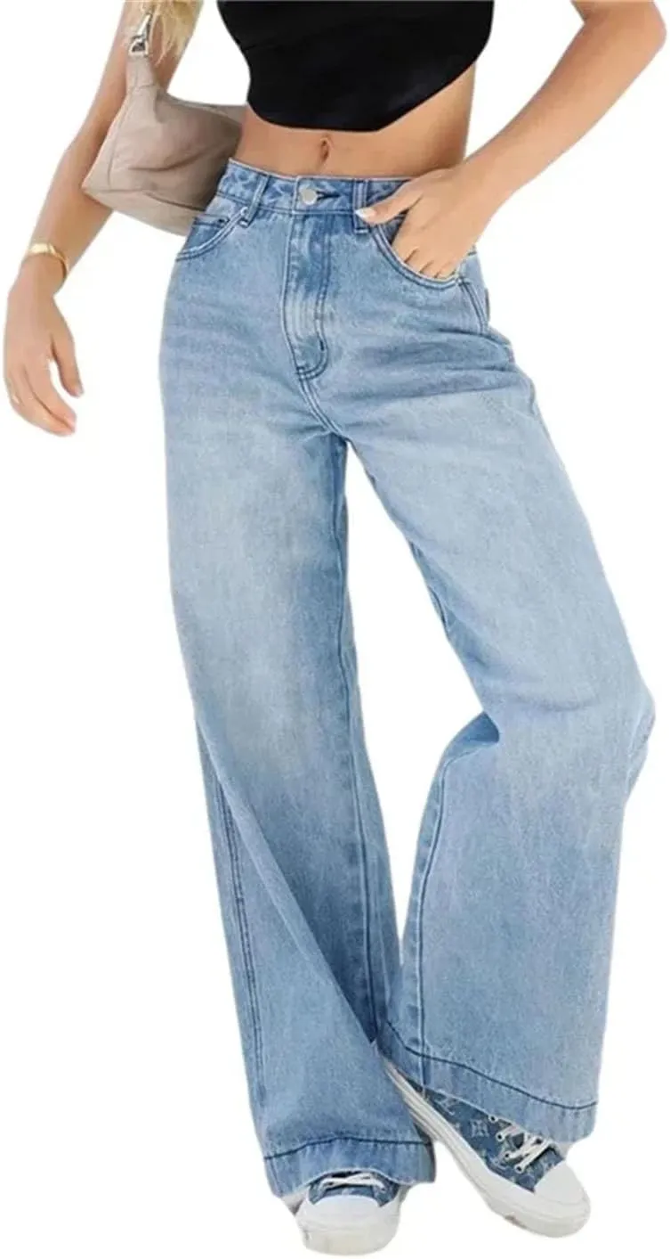 Women's Low Waist Straight Jeans Stretch Wide Leg Loose Fashion Versatile Jeans with Pockets