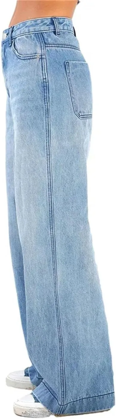 Women's Low Waist Straight Jeans Stretch Wide Leg Loose Fashion Versatile Jeans with Pockets