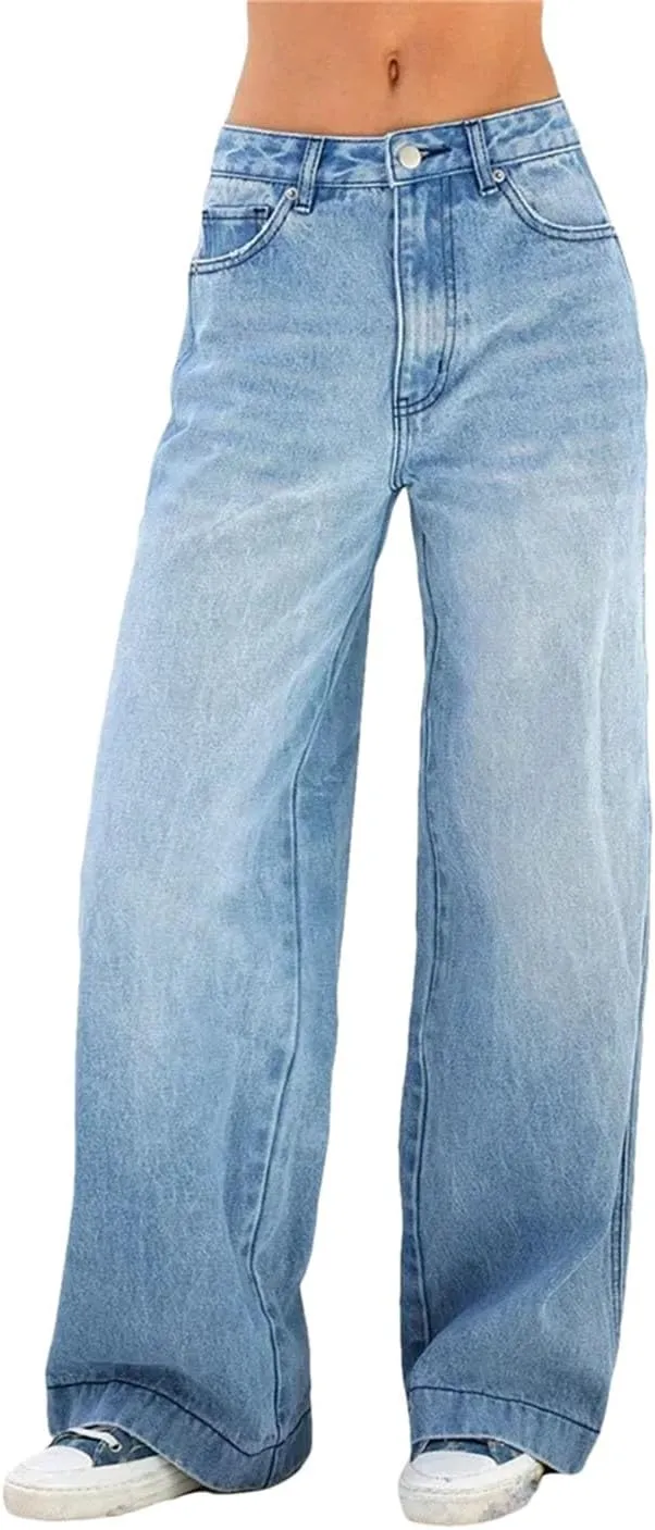 Women's Low Waist Straight Jeans Stretch Wide Leg Loose Fashion Versatile Jeans with Pockets
