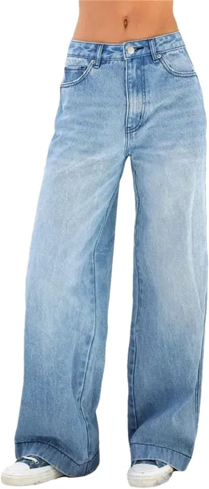 Women's Low Waist Straight Jeans Stretch Wide Leg Loose Fashion Versatile Jeans with Pockets
