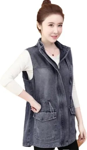 Women's Mid Length Denim Loose Lower Back Jeans Korean Version Denim Coat Vest
