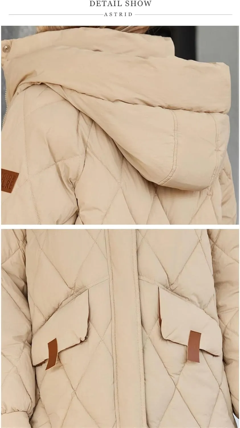 Women's Mid-Length Down Jackets Hooded Thick Warm Quilted Loose Puffer Coats Outdoor Windproof Thermal Parkas