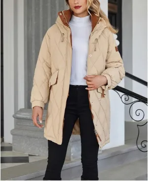 Women's Mid-Length Down Jackets Hooded Thick Warm Quilted Loose Puffer Coats Outdoor Windproof Thermal Parkas